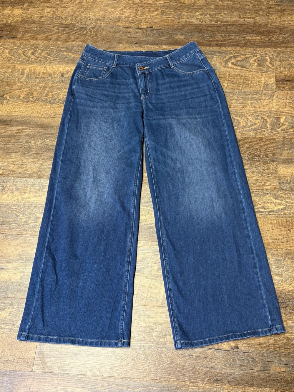 Halara Flex Denim Asymmetric Low Rise Button Zip Wide Leg Jeans Womens Medium - Picture 2 of 11